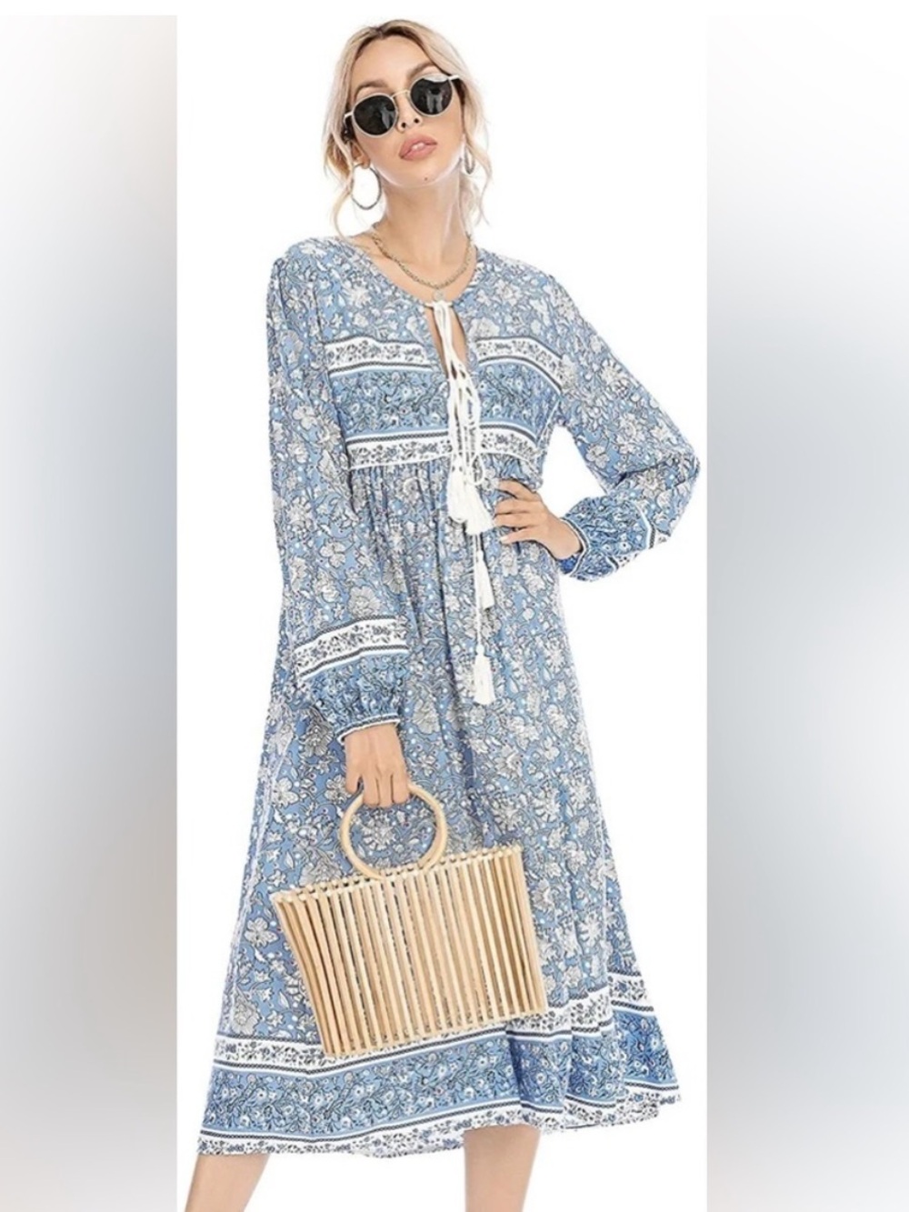 R. Vivimos Long Sleeve Floral Print Midi Dress
